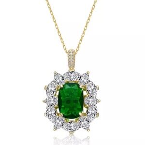 Sterling Silver 14k Gold Plated Green Cubic Zirconia Oval Halo Cluster Necklace